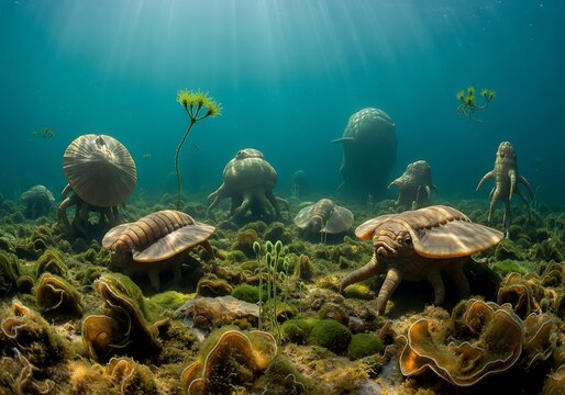 Cambrian ocean scene with early marine life during Cambrian Explosion
