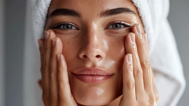 Close-up of woman with towel applying moisturizer on face with hands for skincare routine