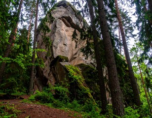 Massive rock formation in a forest