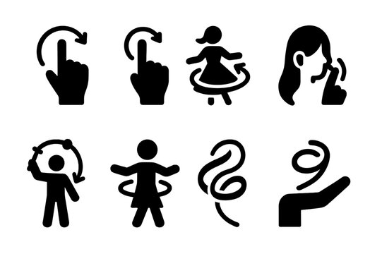 Twirl Gesture Icons. Solid, filled icon set of salsa dance steps: basic step, cross body lead, right turn, left turn, enchufla, suzy Q, mambo step, cumbia