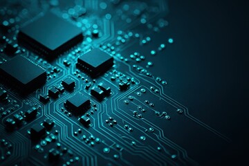 Obraz premium Close up electronic circuit board with microchips pathways and solder points teal glow
