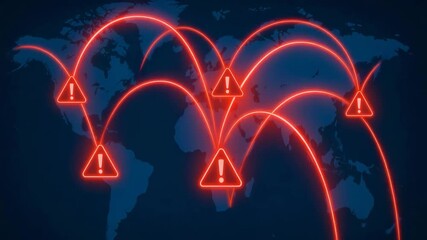 A digital world map displaying red alert symbols, highlighting global connectivity and potential cybersecurity threats. - Powered by Adobe