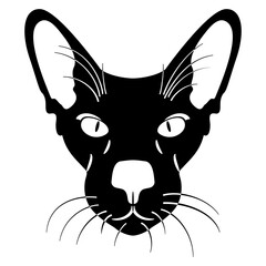 Head of a domestic oriental cat. Feline portrait. Funny animal design. Cartoon style. Black and white silhouette.