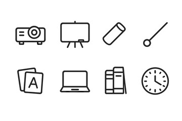 Teaching Aids Icons. Outline icon set of teaching aids: projector, whiteboard, chalk, pointer stick, flashcards, laptop, books, clock. Line icons in only black