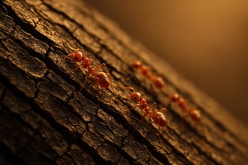 Macro line of red worker ants marching across rough bark in bright angled sunlight