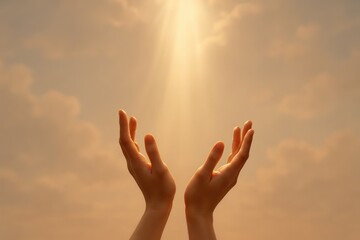 Radiant light beam over open uplifted hands symbolizing inspiration hope and renewal