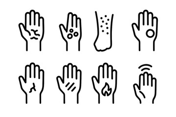 Obraz premium Dry Skin Icons. Solid, filled icon set of dry skin related conditions: eczema, psoriasis, dermatitis, redness, cracking, scaling, inflammation, itching. Line