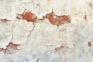 Obraz premium An aged, weathered wall exhibits peeling paint and intricate cracks, revealing the underlying reddish-brown brick beneath.