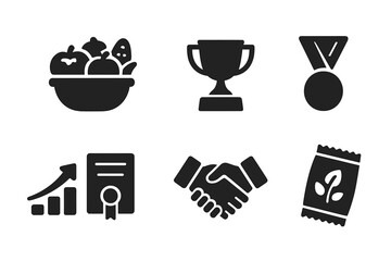 Crop Yield Icons Grid. Solid, filled icon set of crop yield: basket of produce, weighing scale, trophy, medal, chart upward, certificate, handshake, seed