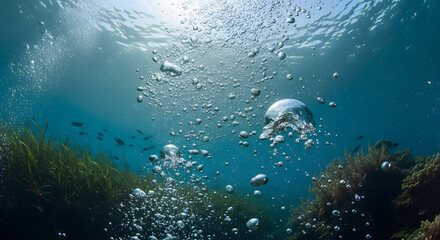 Underwater scene with sunlight filtering through the water, creating bubbles.