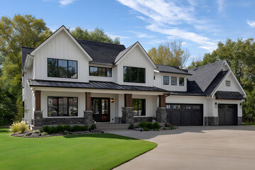 Luxury Two-Story Mansion with White Walls and Black Trim