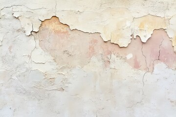 Obraz premium A weathered, light beige and pinkish stucco wall displays intricate patterns of cracks and peeling paint.