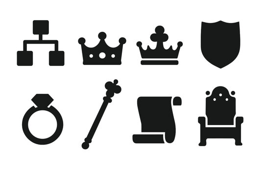 Royal Symbols Icons. Solid, filled icon set of peerage lineage: family tree, coronet, crown, heraldic shield, royal ring, scepter, scroll, throne. Solid,