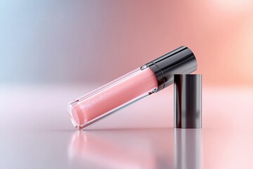A close-up of a pink lip gloss tube with its cap, showcasing the cosmetic product in a clean setting.