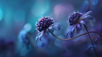 Dewy flowers sway gently in a dreamy, blurred landscape viewed from a low angle