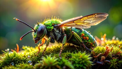 Macro View of a Vibrant Green Bee in Sun-drenched Moss
