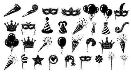 Fototapeta premium Celebrate joyfully with a vibrant collection of party essentials including festive masks, balloons, crowns, confetti poppers, and sparkling fireworks for unforgettable events.