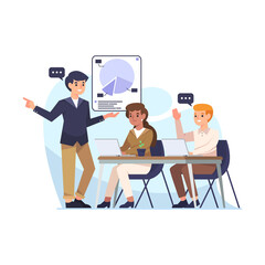 Business Meeting with Charts and Discussion on Transparent Background Presenter in Suit Explaining Strategy to Colleagues in Casual Attire at Table