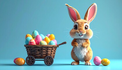 Cartoon Easter bunny with a wagon full of eggs