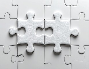 Fototapeta premium Two white puzzle pieces perfectly joined, surrounded by numerous other pieces forming a cohesive, unified whole