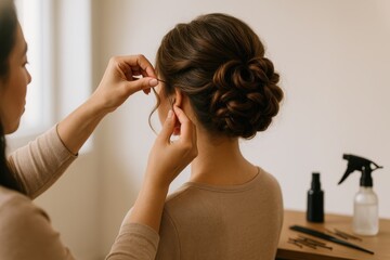 Naklejka premium Stylist shaping elegant updo on client from back view in salon with soft window light
