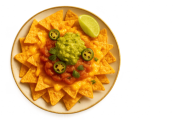 Crisp spicy nachos with guacamole salsa and cheese isolated on white top view