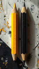 Two sharpened pencils, yellow and black, stand upright on a textured, paint-splattered surface