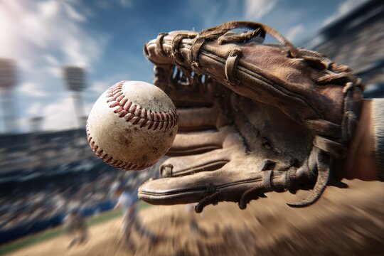Baseball Glove Grasps Ball, Blurred Stadium Background, Action Shot.
