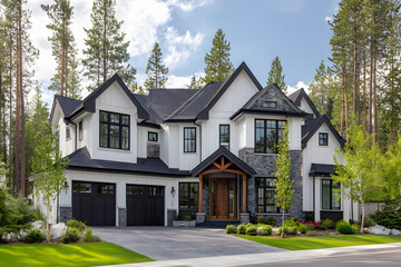Elegant Modern Farmhouse with Large Porch, Black Steel Doors, and Trees Behind