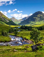 Sunlit valley with a meandering river flowing through lush green meadows, nestled between towering mountains under a vibrant blue sky dotted with fluffy clouds