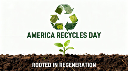 The recycling logo with green leaves and newborn seedlings, as well as scenes promoting American Recycling Day, Root Regeneration, and the concept of recycling.
