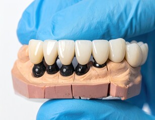Gloved hand displays a dental model with a row of artificial teeth mounted on dark abutments, set in pink gum model