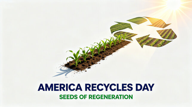 The recycling symbol and seedlings of farmland, as well as the American Recycling Day and the Seed of Regeneration, emphasize the scene where recycling brings new hope.
