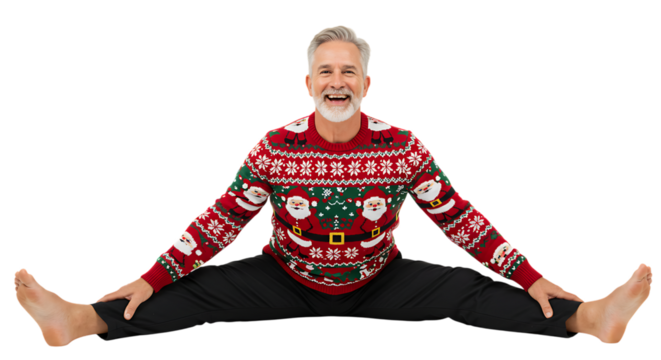 Joyful senior man in Christmas sweater doing the splits, smiling broadly.