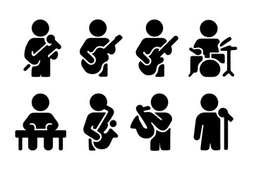 Band Member Icons. Solid, filled icon set of band members: lead singer, guitarist, bassist, drummer, keyboardist, saxophonist, trumpeter, backup vocalist.