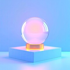 A luminous glass sphere rests on a gold base atop a pale blue cube against a matching backdrop, illuminated with soft pink and blue light
