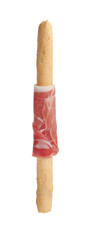Delicious grissini stick with prosciutto isolated on white