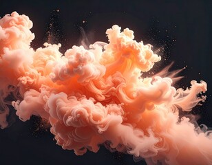 Peach-colored ink swirls in dark space, creating a dynamic, ethereal cloud formation with subtle speckles