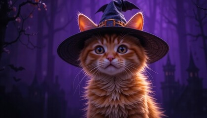 An Adorable Orange Cat Sporting a Halloween Bat Hat, Illuminated Against a Deep Purple Night