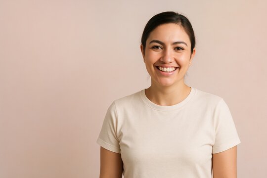 Cheerful woman on pastel background half length portrait with clean left copy space