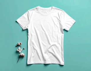 Flatlay of a white, short-sleeved t-shirt, casually draped, next to a sprig of cotton blossoms on a teal background
