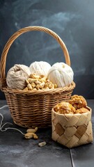 A wicker basket overflowing with creamy yarn balls and cashew nuts sits beside a smaller basket holding caramelized treats on a dark surface
