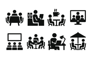 Meeting Icons Collection. Solid, filled icon set of meeting settings: conference room, office, cafe, online platform, auditorium, coworking space, home office,