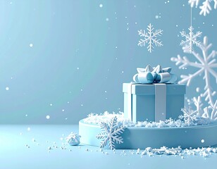 Pastel blue gift box on a snow-dusted pedestal, surrounded by snowflakes, against a light blue background; a winter scene
