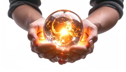 Cupped Hands Holding a Fiery, Glowing Energy Orb