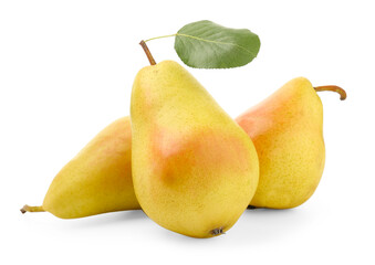 Ripe yellow pears with green leaf isolated on white
