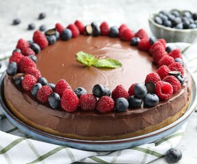 Delicious chocolate cheesecake with berries and mint on table, closeup