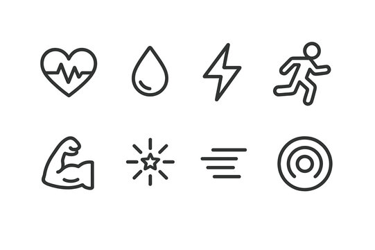 Adrenaline Icon Set. Outline icon set of adrenaline rush: heart beating, sweat drop, lightning bolt, running person, muscle flex, energy burst, speed lines,