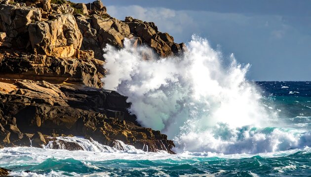 Powerful waves crashing against rugged cliffs