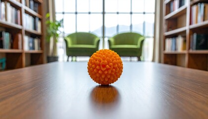 Orange textured sphere rests on a dark wood table in a sunlit library, with blurred bookcases and armchairs in the background